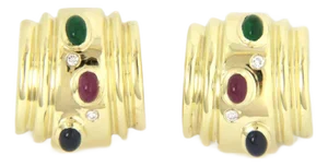 Diamond Ruby Emerald Sapphire 14k Yellow Gold Wide Huggie Earrings