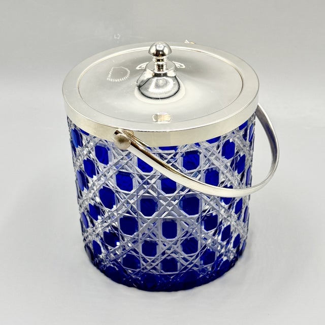 1960s Mid-Century Modern Art Glass Jars with Blue Cut in Clear Crystal Biscuit Barrels with Silver-Plated Mounts, 1950s, Set of 2 For Sale - Image 5 of 18