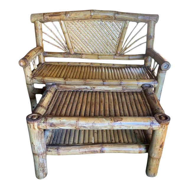 Circa 1980s Large Bamboo Pagoda Lounge Settee and Coffee Table in the Budji Layug Style For Sale