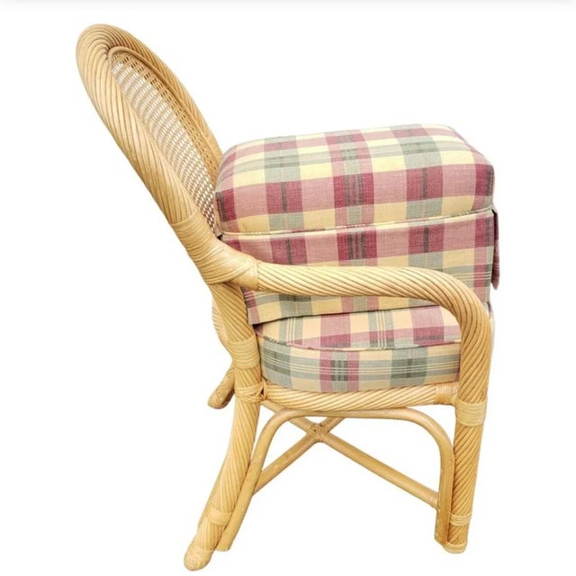 1980s Rattan Wicker Caned Back Upholstered Chair With Ottoman, Circa 1980s For Sale - Image 5 of 11