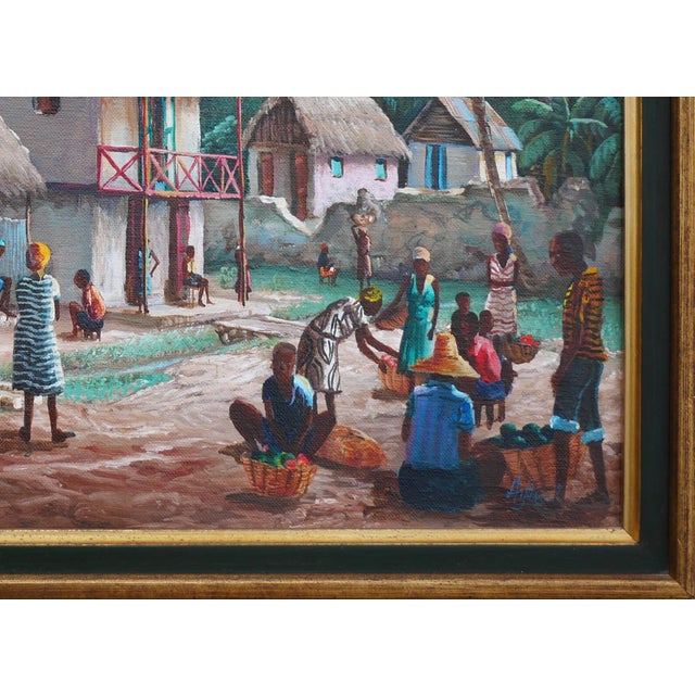 Jean-Felix Defournoy Modern Realist Green and Blue-Toned Rural Village Market Landscape Painting, Late 20th Century For Sale - Image 9 of 12