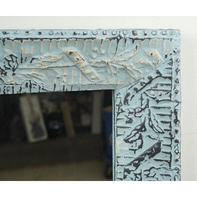 Rustic Handcrafted Open Seas Blue 3D Cove Tin Wall Dressing Mirror For Sale - Image 3 of 9