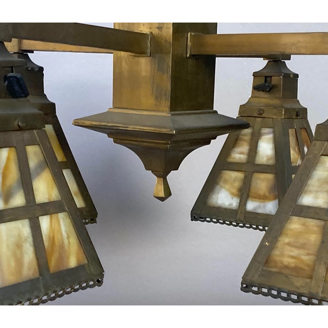 Antique Arts & Crafts Mission 4-Light Brass Chandelier With Colorful "Slag Glass" Shades For Sale In San Francisco - Image 6 of 9