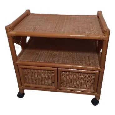 Vintage Boho Chic Rattan and Wicker Bar Cart With a Dual-Shelf Design For Sale