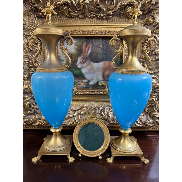 French Antique French Blue Opaline Vase Urn Pair With Ormolu Mounts Cherub Finials Eagle Handles 19th Century For Sale - Image 3 of 15