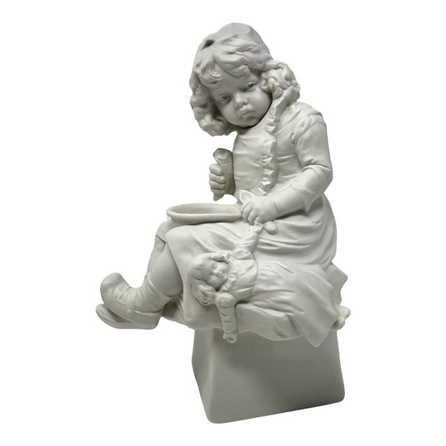 Antique German Bisque Figure of Unhappy Young Girl With Empty Bowl and Doll For Sale