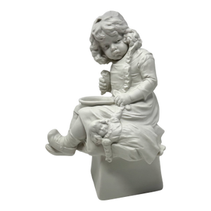 Antique German Bisque Figure of Unhappy Young Girl With Empty Bowl and Doll
