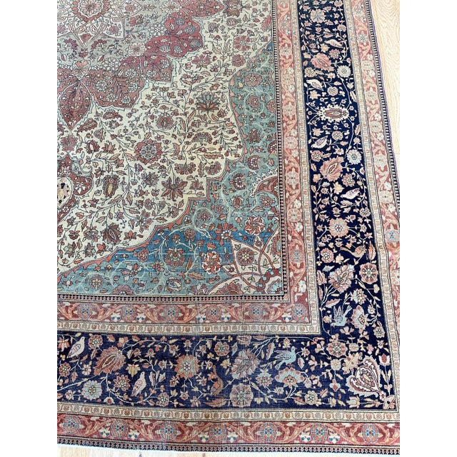 Persian Antique Persian Mohtasham Kashan Carpet, Traditional, Soft, Ivory, Blue, Green For Sale - Image 3 of 12