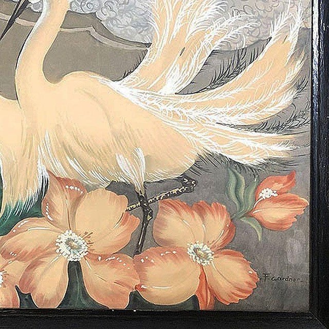 1950s Restored Mid-Century Hawaiian Airbrush Crane/Egret Painting, Framed For Sale - Image 5 of 6