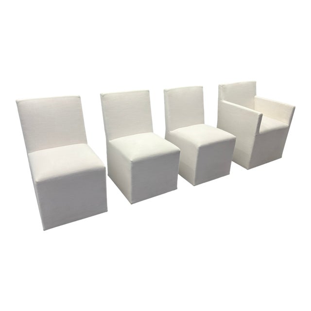 Curated Set of Four Rh Ellison Fabric Dining Chairs Perennials® Performance Textured Linen Weave — White Recessed Caster Bases For Sale