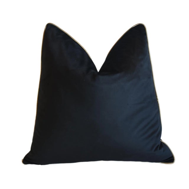 Early 21st Century Gold Embroidered Floral Botanical Black Velvet Feather/Down Pillow 20" Square For Sale - Image 5 of 8