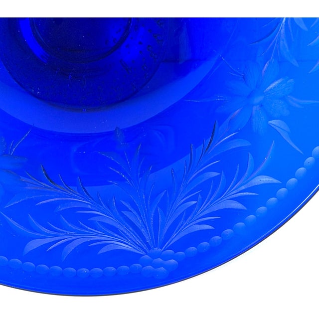 Glass Pairpoint Cobalt Blue Engraved Floral Center Bowl Controlled Bubble Pedestal For Sale - Image 7 of 14
