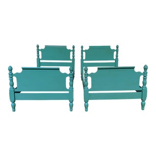 Vintage Mid-CenturyMahogany Coastal Cottage Beach Aqua/Teal Twin Beds - a Pair For Sale