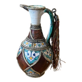 Vintage Moroccan Glazed Terra-Cotta and Metal Pitcher For Sale
