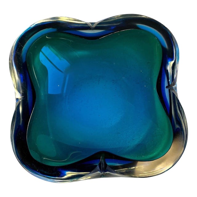 Large Biomorphic Murano Blue & Green Glass Bowl, circa 1970 For Sale