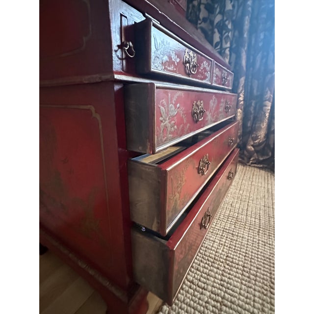 Vintage Red Chinoiserie Secretary Desk With Hand-Painted Gilt Asian Landscapes & Double Bonnet Top For Sale - Image 10 of 15