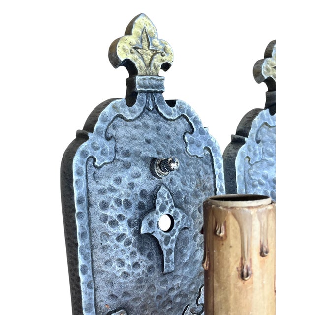 1910s Bare Bulb 4 + 1 Hammered Wall Sconces Storybook or Spanish Revival Mission Style #2598 For Sale - Image 10 of 14