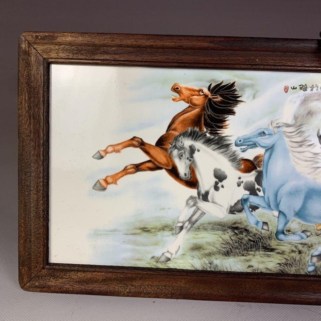 Large Vintage Chinese Porcelain Plaque in Wood Frame, "Eight Galloping Horses" Motif For Sale - Image 4 of 6