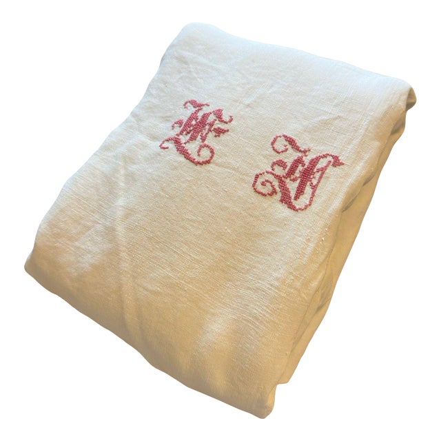 Antique French Linen Sheet Red Monogram Cross Stitch Soft Linen Sheet Lh Initials Rustic Trousseau Linen Circa 1900 For Sale