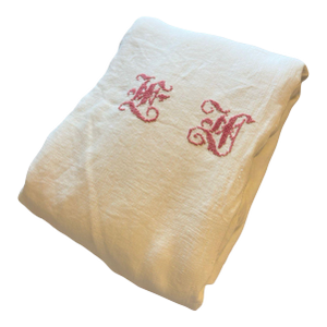 Antique French Linen Sheet Red Monogram Cross Stitch Soft Linen Sheet Lh Initials Rustic Trousseau Linen Circa 1900