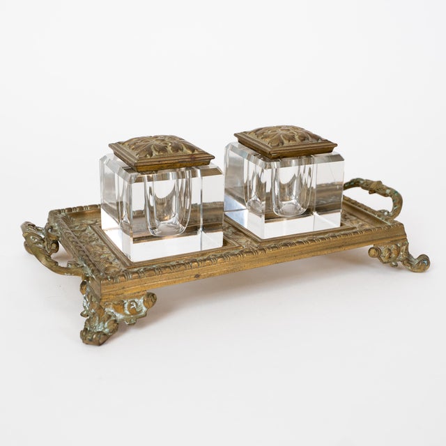 Glass Antique French Double Inkwell Desk Set With Original Glass Inserts For Sale - Image 7 of 11