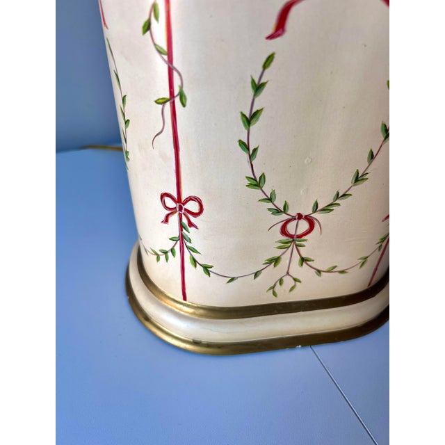 Vintage Chelsea House Hand Painted Topiary and Ribbon Bow Table Lamp With Brass Accents For Sale - Image 9 of 10