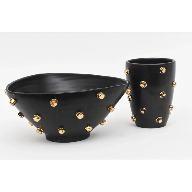 This fabulous set of vintage 1960's Italian Bitossi black ceramic bowl and vase is rare. It was designed by Alvino Bagni...