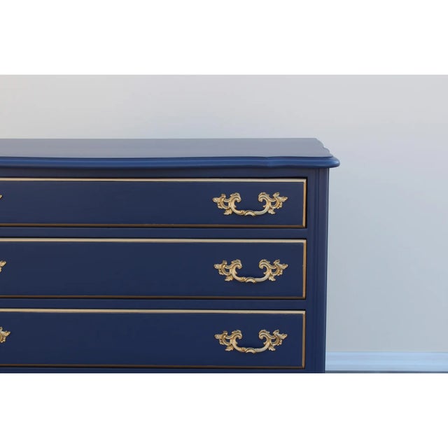 Mid-Century Modern 1970's French Style Blue and Gold Chest of Drawers in Satin Finish For Sale - Image 3 of 4