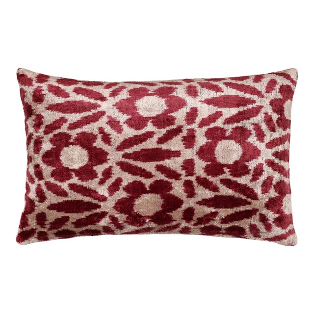 Ruby Red & Ivory Ikat Velvet Lumbar Pillow 16x24 | Classic Statement Luxury For Sale