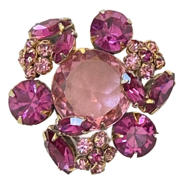 Vintage Regency Pink Rhinestone Flower Brooch 1950s For Sale