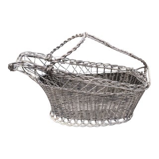 Vintage French Silver Wine Bottle Holder Basket/ Champagne Carrier With Handle For Sale