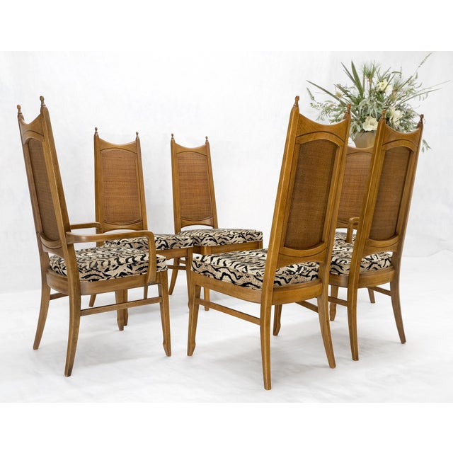 Wood Set of 6 Cane Tall Back Pecan Mid-Century Modern Chairs Mint For Sale - Image 7 of 12