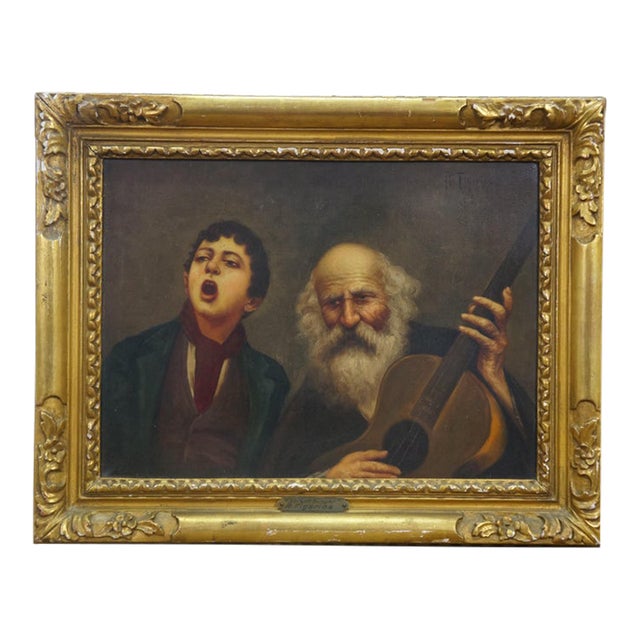 20thC Italian Oil Painting "Street Singer" R. Figarios Boy Guitarist Gilt Framed For Sale