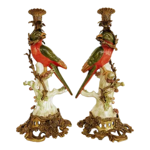 Vintage Bronze Painted Porcelain Exotic Bird Candlesticks- a Pair