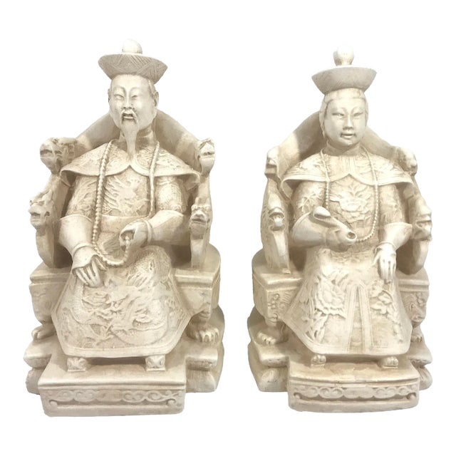 Chinese Empress and Emperor Figures or Statues on Dragon Thrones, a Pair (Bookends) For Sale