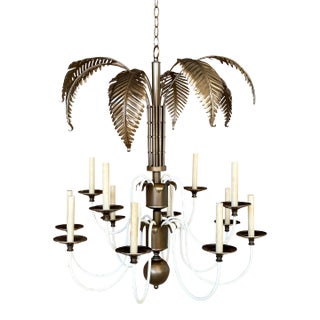 Late 20th Century Regency Brass Faux Bamboo Tole Palm Twelve Light Chandelier For Sale