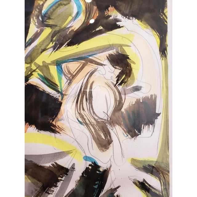 Jacques Lamy Abstract Figural Watercolor in Blue, Black and Yellow by Artist Jacques Lamy For Sale - Image 4 of 7