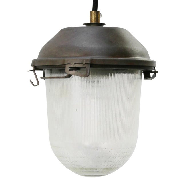 Metal Vintage Industrial Grey and Clear Striped Glass Pendant Light For Sale - Image 7 of 7