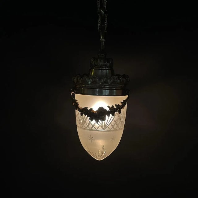 Art Nouveau Bronze Hanging Lamp in Teardrop Shape, 1890s For Sale - Image 5 of 8