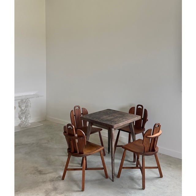 Wood (4) Brutalist Oak Chairs Chalet-Style (After Puydt) + Steel Tolix Game Table, Set of 5 Pieces For Sale - Image 7 of 12