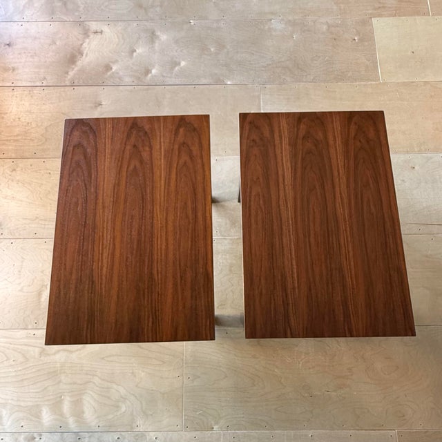 Mid-Century Modern Pair of Dunbar Walnut and Mahogany Side Tables With Leather Capped Feet For Sale - Image 3 of 12
