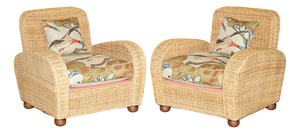 Set of Art Deco Style Wicker Club Armchairs with Mulberry Flying Ducks Cushions