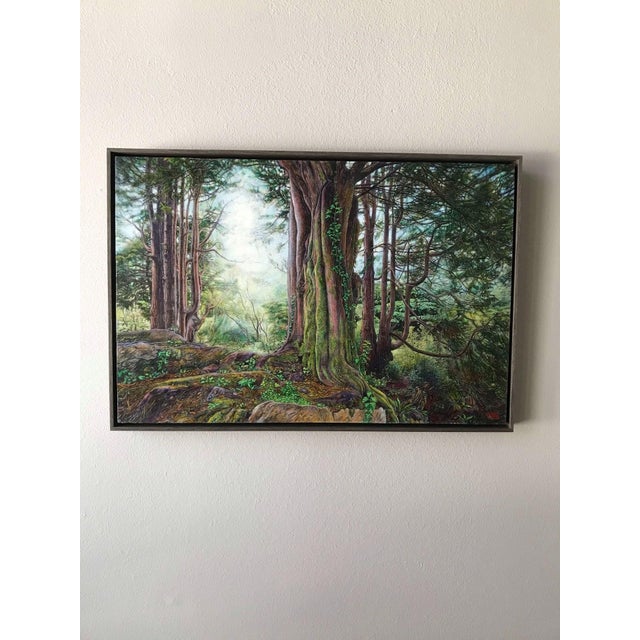 The artwork depicts a serene forest scene, showcasing towering trees with rich, textured bark and vibrant greenery. Light...
