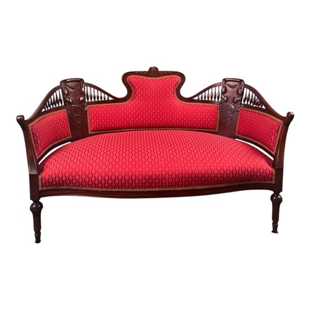 Edwardian Neoclassical Mahogany Parlor Settee, Circa 1900, Professionally Upholstered For Sale - Image 11 of 12