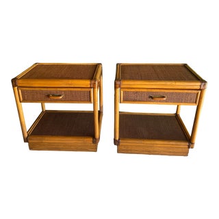 1970s Vintage Brown Jordan Rattan Nightstands, a Pair For Sale