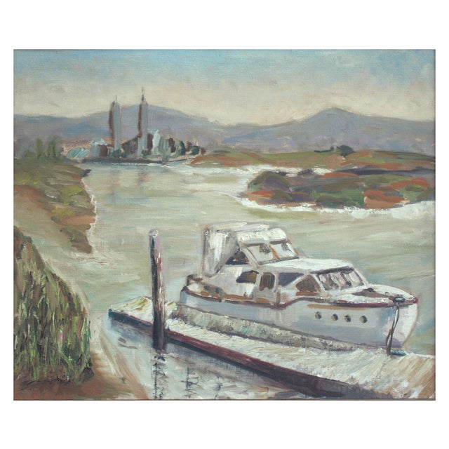 Boat at Moss Landing, Mid Century California Monterey Bay Seascape Beautiful Monterey Bay seascape of a motor boat at a...