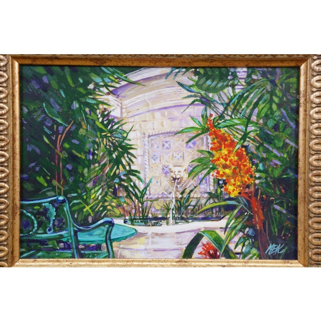 Paper Late 20th Century Garden Terrace Marble Lion Head Fountain Oil Painting on Board 10" For Sale - Image 7 of 9