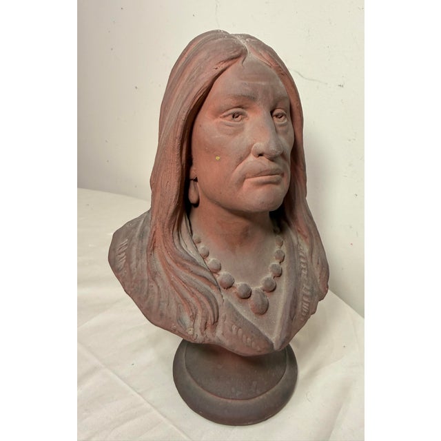 1940s Antique Handmade Native American Indian Terracotta Pottery Bust Sculpture Statue For Sale - Image 5 of 12