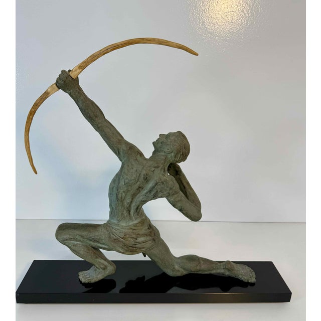 Stone After Jean De Roncourt, French Art Deco The Archer Sculpture, 1930s, 1920s, Metal & Bakelite on Marble Base For Sale - Image 7 of 12