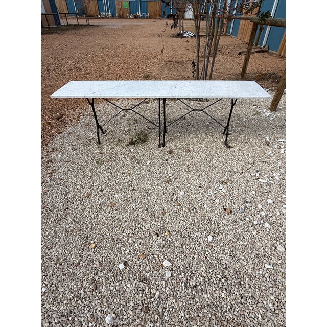 Art Deco 1940s Long Vintage French Art Deco Double Base Cast Iron Carrara Marble Top Bistro Table or Dining Table For Sale - Image 3 of 12